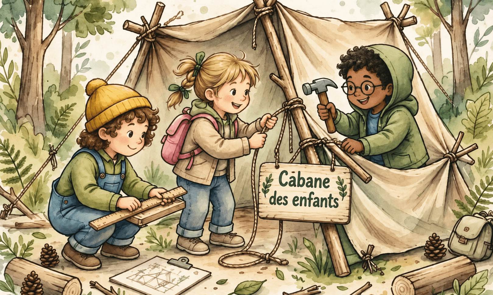 Trois enfants construisent une cabane avec des branches et une toile, illustration à l'aquarelle